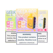 Geek bar Pulse 15000 disposable boxes in flavors Mexico Mango (middle), Frozen Cherry Apple (left) and White Gummy Ice (right).